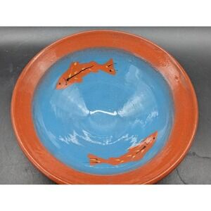 Artisan Signed Studio Pottery Fish Bowl Blue Glazed Terracotta Hand Painted 7"